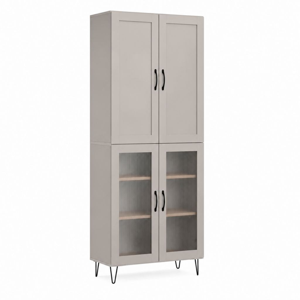 Vitrinenschrank Grau MDF und Riffelglas 80 x 40 x 180 cm mit 4 Türen