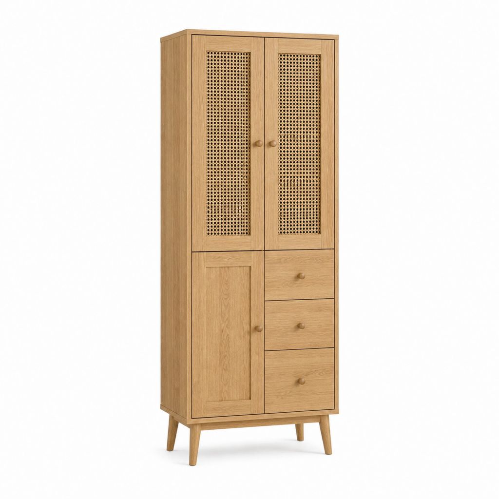 Highboard Natur Eichenholz Rattan rechteckig 80 x 40 x 180 cm