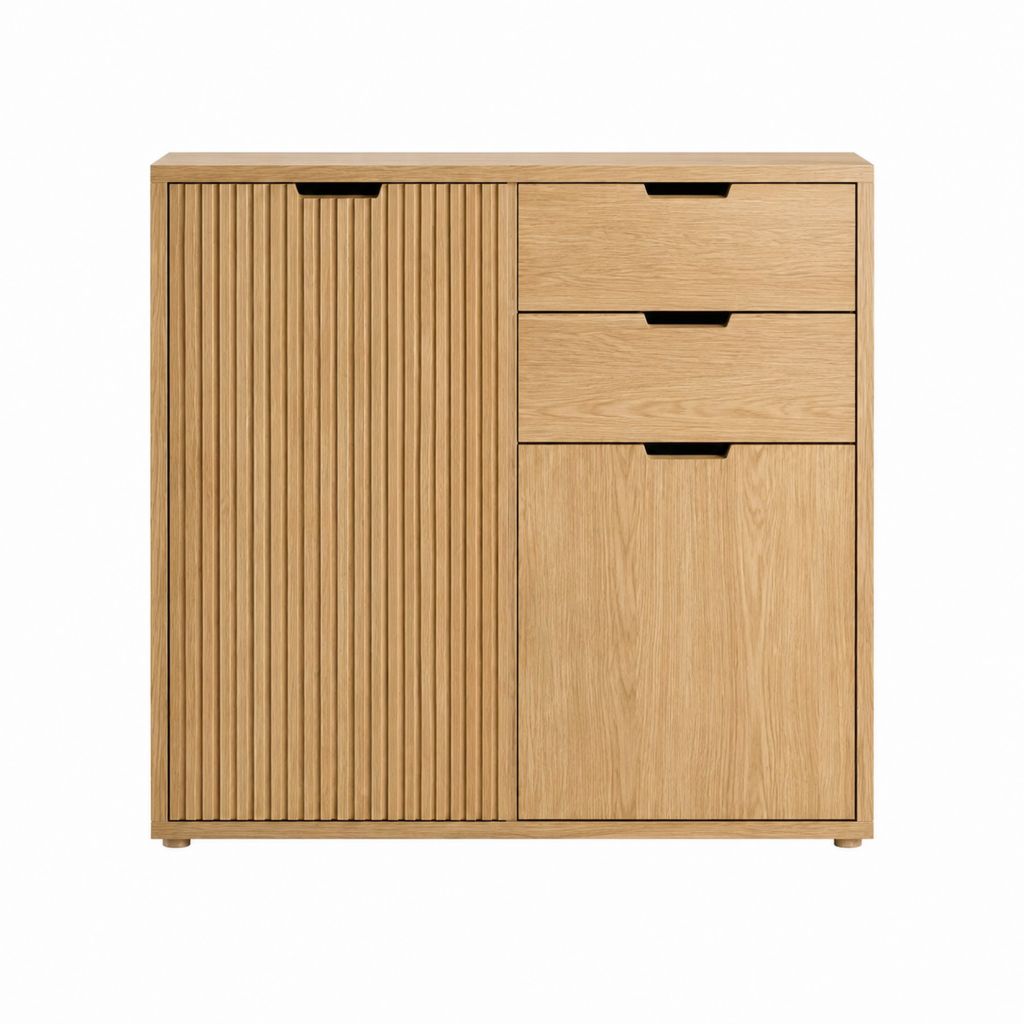 Sideboard mit Eichenfurnier Lamellenfront 3 Schubladen 1 Tür 100 x 90 x 40 cm Natur