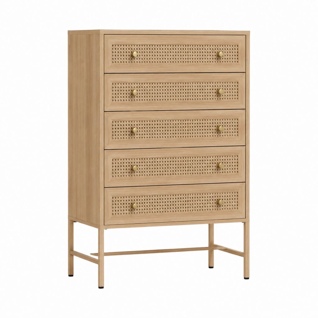 Kommode Sideboard mit 5 Schubladen Natur Rattan Eichenfurnier rechteckig 80 x 40 x 130 cm
