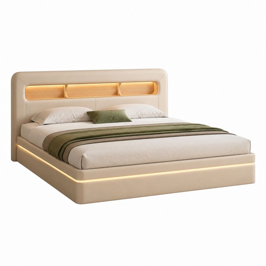Stauraumbett Doppelbett Beige PU-Kunstleder Rechteckig Liegefläche 180 x 200 cm mit LED-Beleuchtung