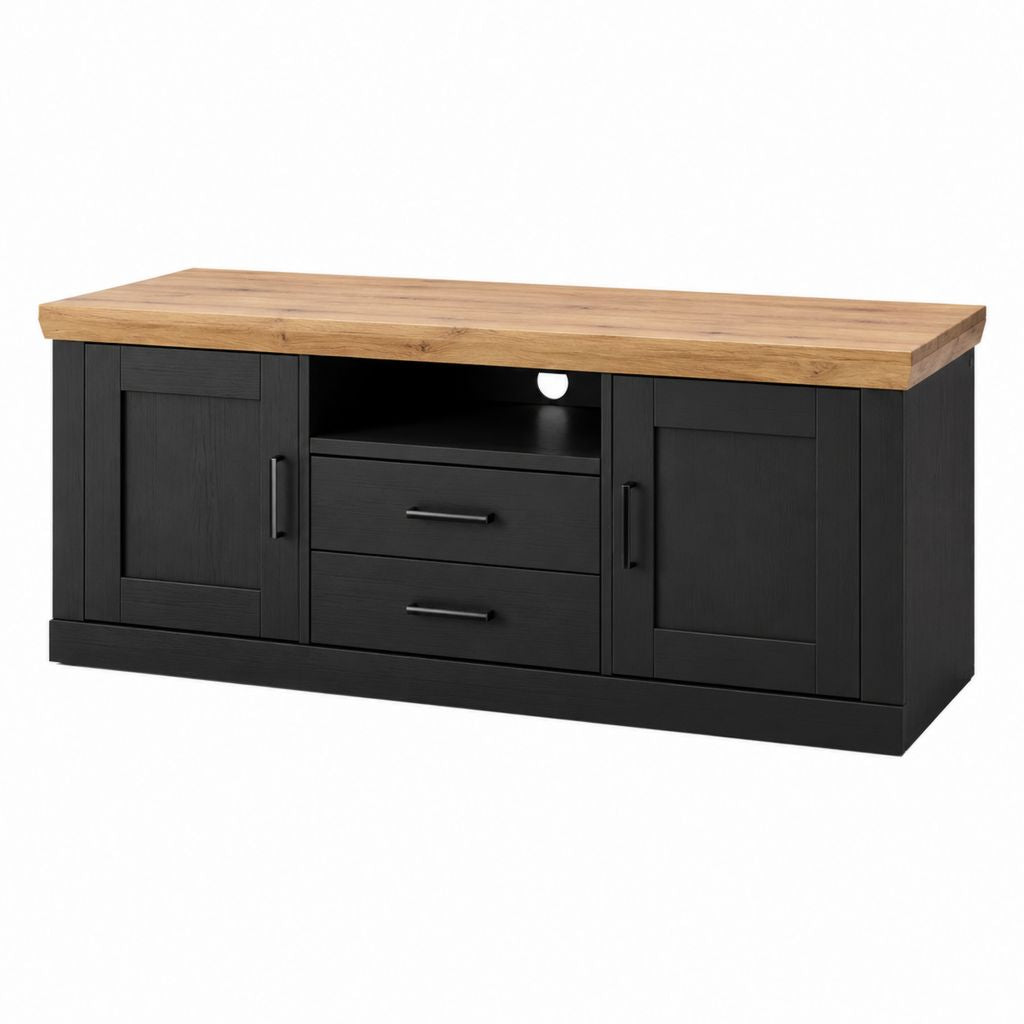 TV-Lowboard Schwarz Eiche furniert rechteckig mit 2 Türen 2 Schubladen 160 x 40 x 70 cm