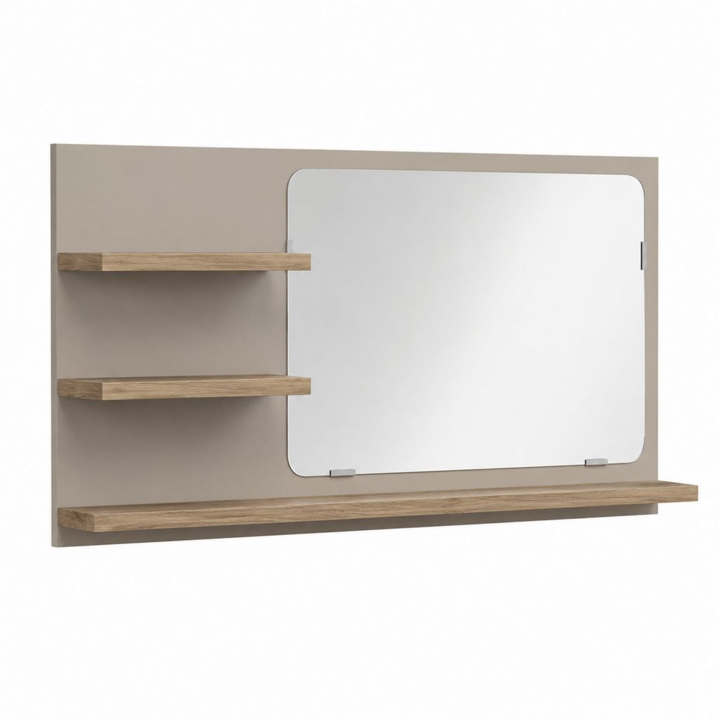 Badezimmerspiegel Wandspiegel Taupe und Eiche MDF mit Ablagen 100 x 60 x 12 cm