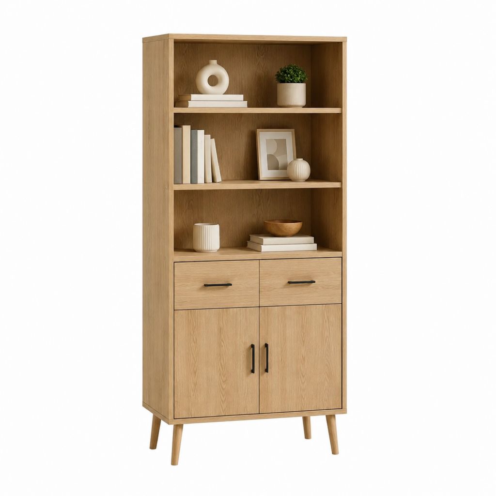 Highboard mit offenen Fächern 2 Schubladen 2 Türen Eiche Natur Spanplatte rechteckig 80 x 40 x 190 cm